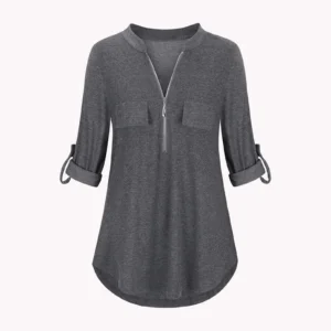 Blusa feminina com gola V e manga 3/4 com zíper