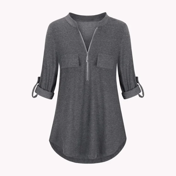 Blusa feminina com gola V e manga 3/4 com zíper